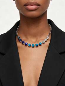 Summer Gradient Ocean Blue Color Claw-Set Rhinestone And Resin Necklace Sparkling Dainty Tiny Choker Women Viral Jewelry For Casual Daily Wear - Style 1 - View 4