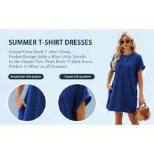 TEMOFON Women's Summer T-Shirt Dress, Short Sleeve, Loose Fit, With Pocket, Casual Dress, Fashionable Summer Dress, Solid Black, Size XL - 藍色 - 查看 7