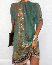 Nuevo vestido de moda femenina europea y americana de cuello redondo, corte holgado y manga de murciélago. - Beis - Ver 11