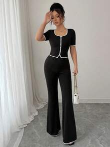 Conjunto de 2 Piezas para Mujer: Top de Cuello Redondo y Manga Corta con Pantalón Largo en Color Sólido - Negro - Ver 3