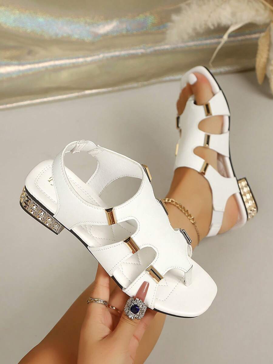 Women's White Roman Hollow Out Sandals, Metal Decor Square Toe Low Heel Sandals, Elastic Back Comfortable Vacation Beach Casual Shoes - White - View 1