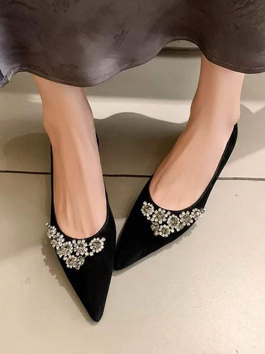 French Style Elegant Black Rhinestone Floral Pointed Toe Flat Shoes, Spring/Autumn Delicate Sparkling Rhinestone Decor Shallow Slip-On Pumps, Suitable For Annual Meeting, Banquet, Commute, Wedding, Mature Elegant Women's Shoes - Black - View 1