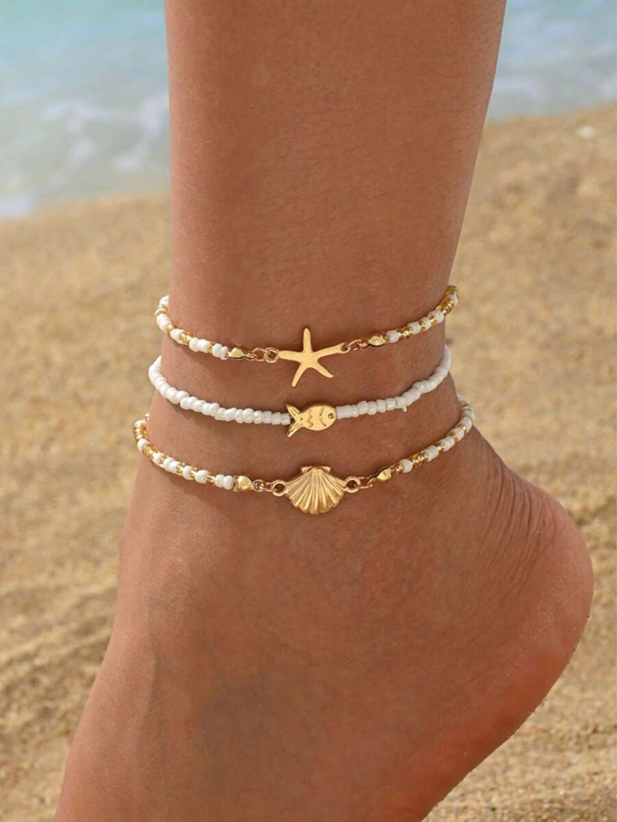 3pcs/Set Vacation Ocean Style Small Fish Starfish Shell Decor With Gold White Rice Bead Fashion Versatile Anklet Women's Foot Jewelry Suitable For Summer Beach Outings And Daily Wear, Rice Bead Color And Size Are Random And Not Fixed - Multicolor - View 1