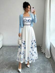 Women's Elegant Floral Print Cinched Waist Dress With Knit Cardigan Set, Valentine's Day Outfit For Date Spring Summer - Blue - View 8