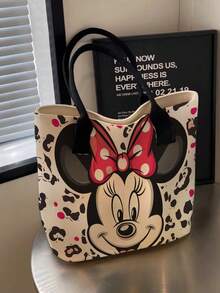 Back To School Disney Mickey Minnie Full Print Canvas Tote Bag, Large Capacity Cute Star Pattern Pink Ribbon Shoulder Bag, Women Girls Daily Commute Shopping Casual Handbag - Multicolor - View 1