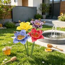 4 PIEZAS Comederos de cerámica multicolor hechos a mano, estacas decorativas para jardín al aire libre, bebederos para abejas con forma de flor, comederos para pájaros, abejas y mariposas - 4 piezas - Ver 8