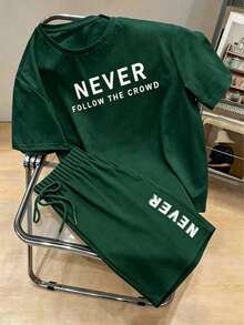 Solid Color Round Neck Dropped Shoulder Summer Breathable Cool Short Sleeve Top And Shorts Set - Dark Green - View 2