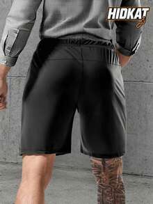 Pantalones cortos de verano para hombres, de nailon, con alta elasticidad, cordón, cremallera, bolsillos con estampado reflectante, estilo casual, unicolor, ajuste regular, negro, deportivos - Negro - Ver 3
