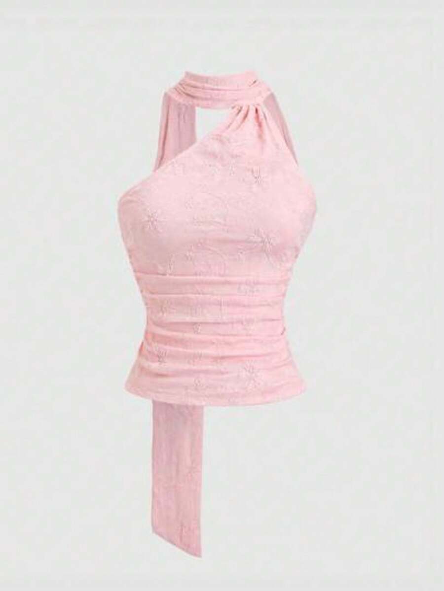 Romantic Chiffon Top For Women With Halter Neck And Open Back, Soft And Cool For Summer Beach - Rosa - View 1