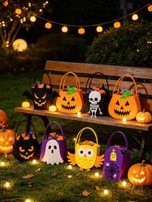 Halloween Felt Storage Bag, Pumpkin, Skull And Ghost Face Shaped Handheld Gift Basket, Spooky Party Candy Storage Bag, Gothic Halloween Decoration, Halloween Party Gift Handbag, Suitable For Halloween Costumes And Home Decor - Multicolor - View 7