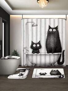 1/4 pièces Ensemble de rideau de douche chat de dessin animé, pour la décoration de salle de bain Thanksgiving Halloween Noël, accessoires de salle de bain rideau de douche imperméable avec 12 crochets, rideau de douche imperméable en tissu polyester avec 12 crochets, rideau de séparation de baignoire décoratif, décoration de salle de bain moderne pour la maison, tissu polyester imperméable, lavable en machine, avec œillets, rideau de douche tissé sans doublure, convient pour la décoration de salle de bain d'hôtel et d'appartement, accessoires de salle de bain pour la décoration de la maison, parfait comme cadeau - multicolore - Voir 5