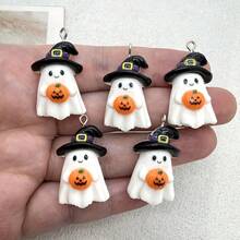 6pcs Resin Halloween White Ghost Pendants With Black Hat And Pumpkin, Suitable For DIY Jewelry Making, Perfect For Party Accessories, Earrings, Necklaces, Bag Charms - Black Hat Holding a Pumpkin Ghost Pendant - View 9