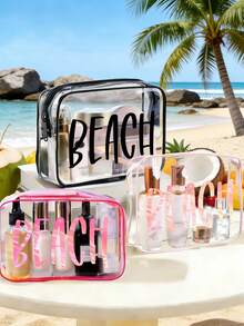 PVC防水透明防曬化妝包，印有彩色「BEACH」字母圖案，海灘主題收納袋，大容量透明旅行盥洗包，適合度假、浴室、宿舍、夏季海灘、游泳與旅行。獨特生日禮物、旅行紀念品、教師節禮物、開學必備 - 彩色 - 查看 3