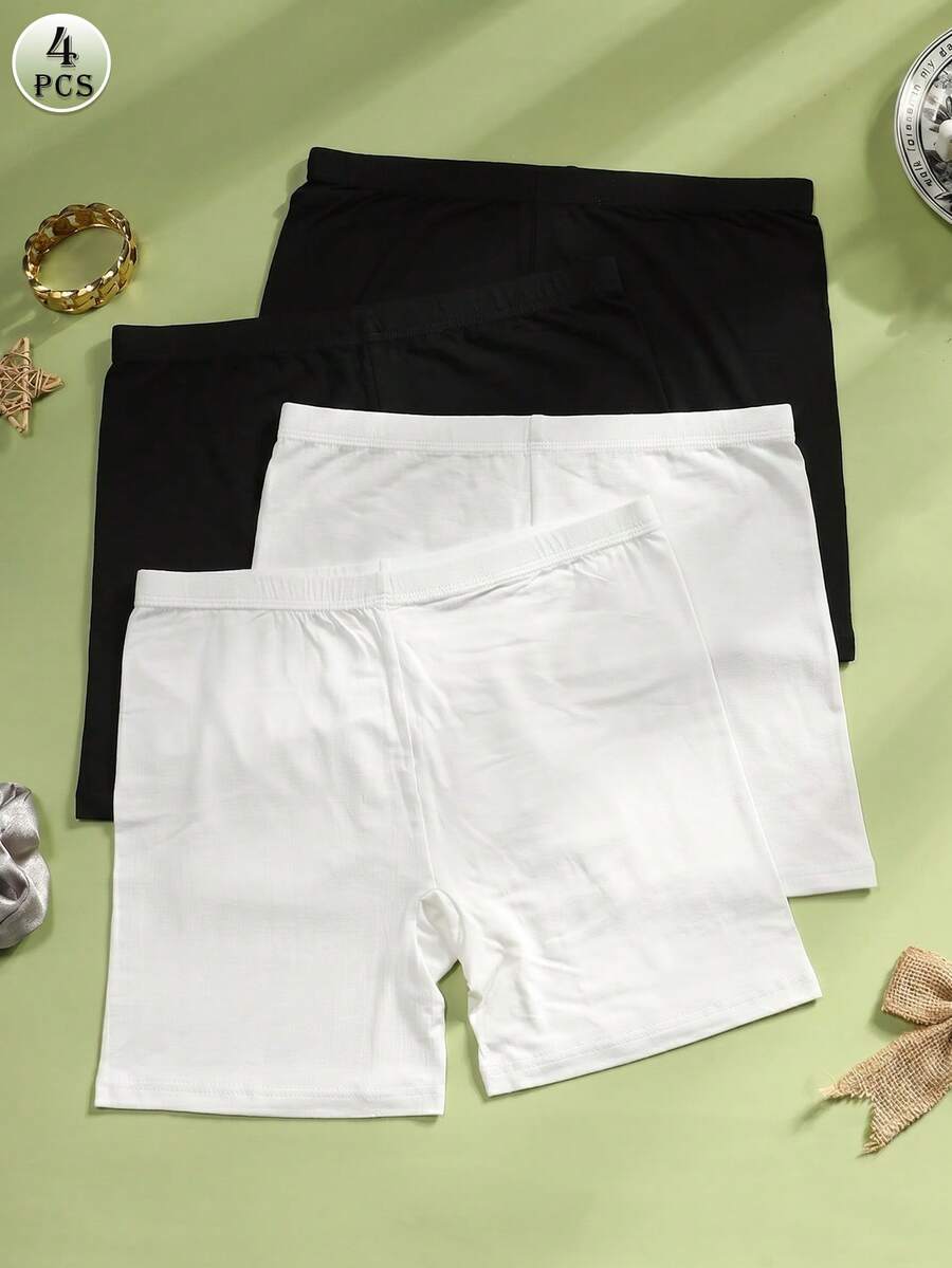 CELILIN 4pcs/Pack Solid Color Women's Boxer Briefs, Black And White Versatile Skin-Friendly Comfortable Base Shorts - Multicolor - View 1