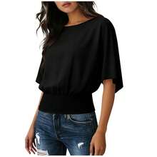 Camiseta holgada de color sólido para mujer, cuello redondo fruncido, manga corta, top básico casual, suave y versátil para uso diario. - azul claro - Ver 6