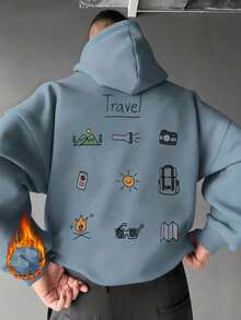 Men's Long-Sleeved Hoodie With Thermal Lining, Featuring A Print Of Forest Camping Elements And Outdoor Landscapes, Autumn/Winter - 藍色 - 查看 1