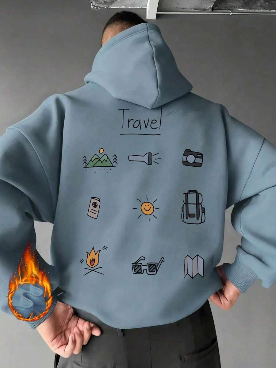 Men's Long-Sleeved Hoodie With Thermal Lining, Featuring A Print Of Forest Camping Elements And Outdoor Landscapes, Autumn/Winter - 藍色 - 查看 1