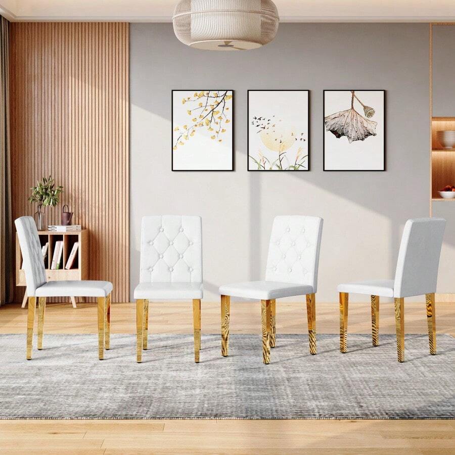 4-Pack White PU Dining Chairs: Ergonomic Buckle Backrest, 35 Inches High, Golden Metal Legs, Combines Comfort And Texture.Perfectly Suitable For Family Dining Rooms, Hotel Banquet Halls, EtcW1151P295709Dining Set Kitchen Furniture Dining Table Set - White+Gold + Metal + PU Leather + Set Of 41 - View 1