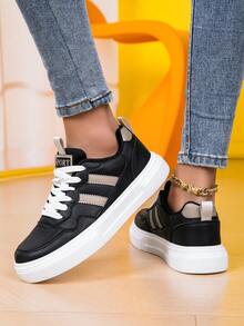 Women's New Lace-Up Skateboard Shoes, Plus Size Unisex Couple Shoes, Modern Fashion Outdoor Street Campus Versatile Casual Sports Shoes, Soft Sole Comfortable Not Tiring - Black - View 5