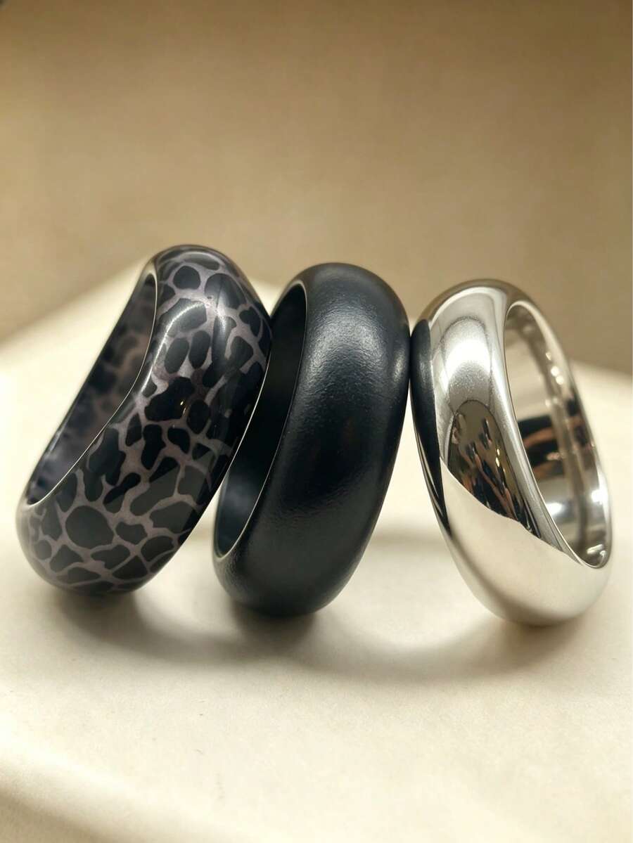 1-3pcs Exaggerated Geometric Bracelet Set, Leopard Print, Black, Metallic Silver, Versatile Daily Party Vacation Bohemian Style Jewelry, Ideal Gift For Girlfriend And Family, Suitable For Summer Beach Vacation, Can Be Worn Stacked Or Individually - Multicolor - View 1