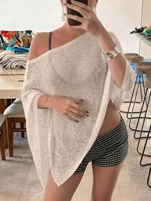 GLAMMY 夏季泳裝沙灘罩衫，女款可愛純白色針織上衣，不對稱下擺設計，細緻亮面針織面料，微鬆版型 - 杏色 - 查看 5