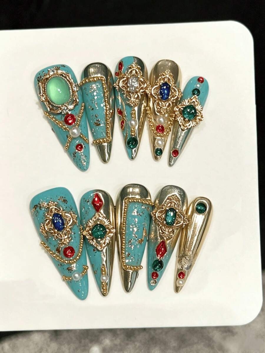 10件手工壓製長尖甲片，精緻假指甲，耐用奢華宮廷風，溫柔紅金電鍍手工美甲，適合女性