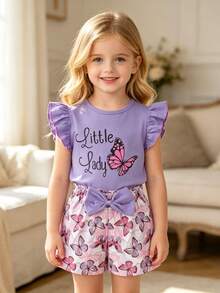 Girls Sleeveless Top & Shorts 2pcs Set, Round Neck Lace Flutter Sleeve Blouse + Butterfly Print Shorts, Casual Daily Wear For 4-7 Years Old - Purple - View 3