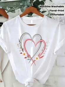 short sleevesCamiseta de Mujer, Estampado Floral y de Corazones Rosados |   Corte holgado, cuello redondo, ligeramente elástico, estilo retro, adecuado para todas las estaciones, top casual, - Blanco - Ver 1