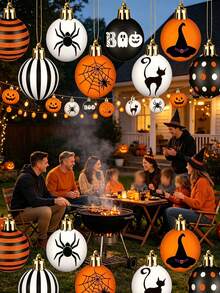 40pcs/Set Halloween Hanging Ball Decorations, Black Orange White Spider Web Witch Hat Black Cat Boo Pumpkin Pattern Spherical Ornaments, Outdoor Garden Tree Decor, Halloween Party Home Front Porch Decoration, Halloween Spherical Pendant Decorative Supplies - Multicolor - View 7