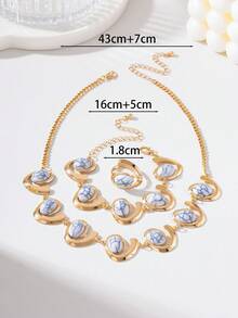 1 Set/3pcs Elegant Fashion Creative Design Metal Symbol Inlaid Faux Stone Necklace + Bracelet + Ring Women Jewelry Set - White - View 4