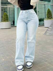 Women's Vintage-Style Wide-Leg Straight-Leg Jeans, Casual For Spring - 輕柔的洗滌 - 查看 1