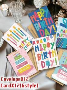 24張趣味可愛生日卡片附信封－6款多用途彩色卡片，適合朋友、家人，可用於感謝、節日、慰問 - 彩色 - 查看 2