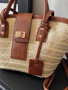 Neue modische Damen-Handtasche aus geflochtenem Stroh mit Metall-Drehverschluss: lässige Schultertasche für den Urlaub, große Strandtasche für den Sommer, für den Urlaub - Beige - Übersicht 9