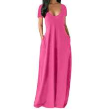 Nueva ropa de verano para mujer, estilo europeo y americano, vestido de color sólido, sexy, con escote en V profundo, manga corta y largo. - Gris - Ver 3