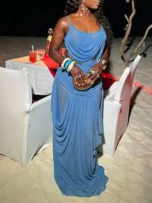 DOUCIU 2pcs Set Draped Design Sheer Sexy Cami Top + Maxi Skirt Nightclub Style - Blue - View 5