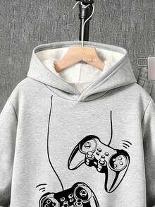 2pcs/Set Boys Cartoon Print Warm Hoodie And Sweatpants Set - Grey - View 3