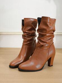 1 Pair Solid Color Retro Street Preppy Casual Punk Microfiber Leather Ankle Boots, Suitable For Office, Party, Wedding, Vacation, All Seasons - Brown - View 6