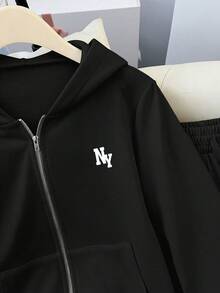Sweatshirt lengan panjang berkerudung dan celana training kasual sehari-hari dengan motif huruf, panjang hingga betis. - Hitam - View 4