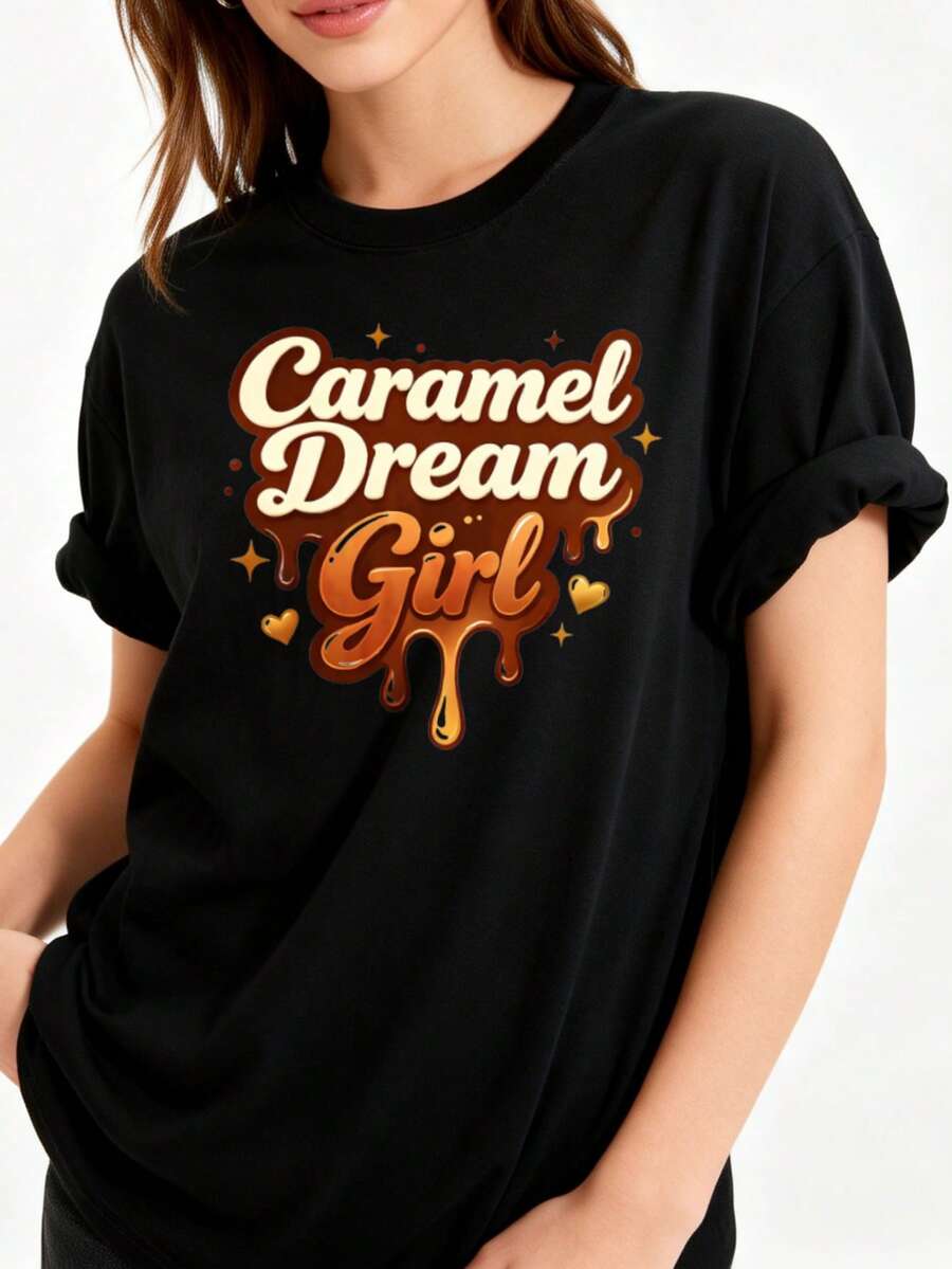 Camiseta de Mujer Más Vendida - Estilo casual, camiseta de mujer de corte holgado con cuello redondo 100%, estampado con diseño 'caramel dream', perfecta para el uso diario en verano, un reg