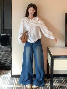 French Design Asymmetrical White Off-Shoulder Long Sleeve Blouse, Spring/Autumn New High-End Style Women's Shirt - White - View 5