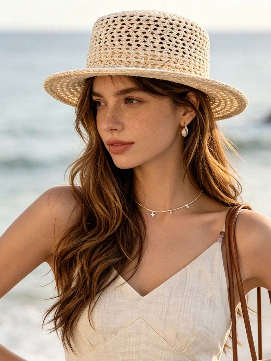1 pieza Gorro de punto para mujer, fibra de poliéster casual, nuevo unicolor, ligero, delgado, cómodo, a prueba de viento, con diseño calado, elegante, cobertura de la línea del cabello, versátil, transpirable, protección solar, absorción de sudor, adecuado para uso diario al aire libre en verano - MZ3575 - Ver 1