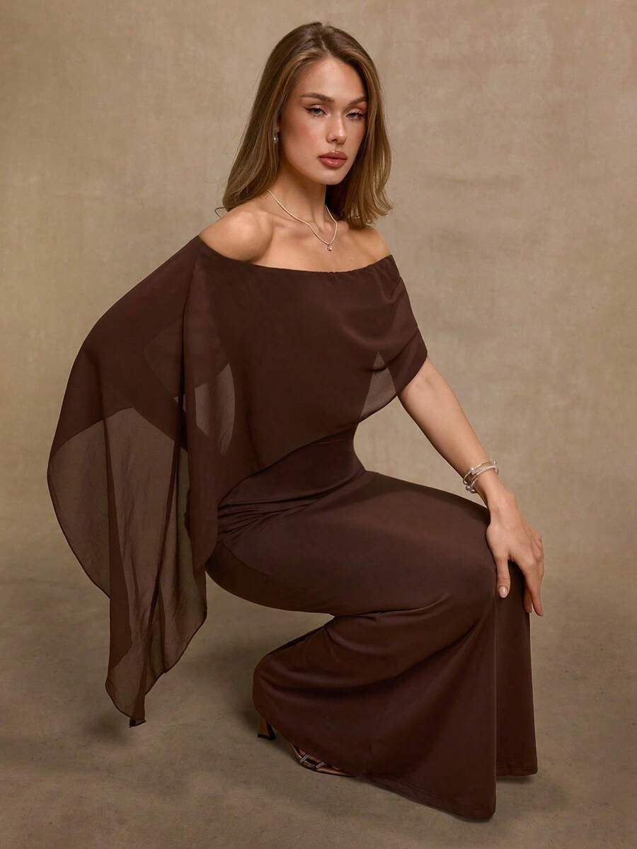 Vestido elegante marrón de hombros descubiertos y ajustado, adecuado para cumpleaños, fiestas, eventos sociales, como vestido de capas para otoño/invierno, Halloween, Navidad, vest - Marrón - Ver 1
