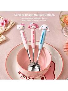 Cute Sanrio Tableware, With 3D Cartoon Silicone Handle, High Polished Stainless Steel Spoon/Fork, Soft Heat-Insulating Handle Anti-Scald, 3 Cute Macaron Colors, Suitable For Daily Dining Decoration, Small Gift For Sanrio Fans - Multicolor - View 3