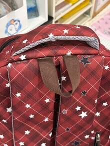 星星印花後背包,復古學院風學生書包,大容量多功能通勤後背包 - 紅色 - 查看 6