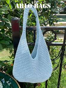 This Light Blue Woven Shoulder Bag Has A Large Capacity, Breathable And Lightweight Fabric, And Features A Casual Hollow Crochet Design, Making It Perfect For Students, Young Women, And Casual Vacation Enthusiasts. It's An Ideal Choice For Beach Vacations, Seaside Trips, Daily Shopping, Casual Walks, And Outdoor Activities. - Baby Blue - View 3