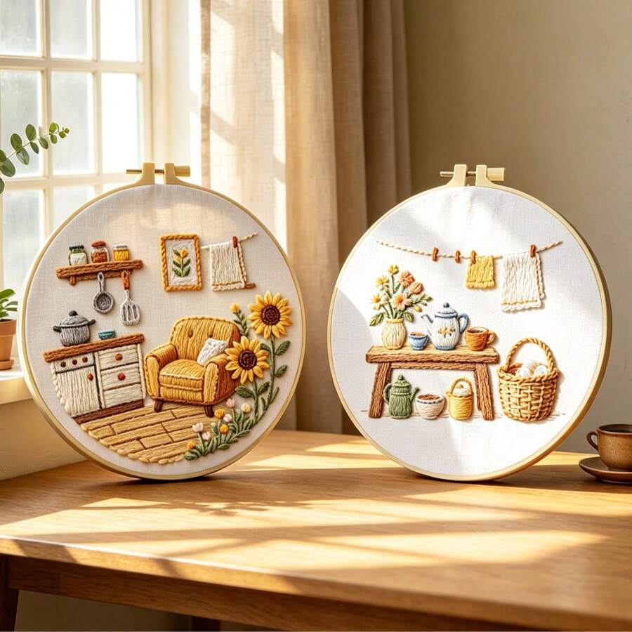 2 Styles Cozy Healing Pastoral Home Decor Embroidery Kit, Beginner-Friendly Full Tool Set, Stress Relief DIY Embroidery Ornament, Soft Decor For Sideboard, Windowsill, Desktop, Gentle And Exquisite Handmade Gift For Friends And Family
