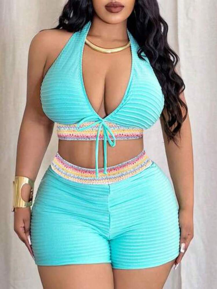 2026 New High-End Plus Size Sexy Swimsuit For Women With Special Fabric, Removable Padding, Halter Neck With Bow, Low Neckline - Multicolor - View 1