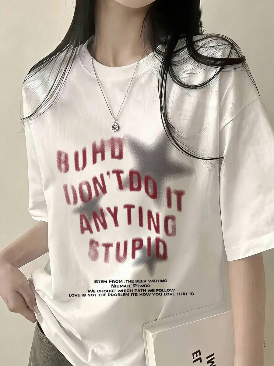 Women's Casual Loose Fit Round Neck Letter & Star Print Short Sleeve T-Shirt, Versatile For Spring/Summer White - White - View 1
