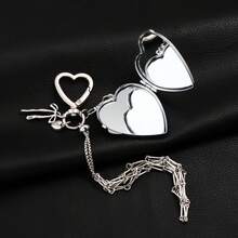 1pc Y2K Silver Bead Heart Foldable Double-Sided Makeup Mirror Keychain, Minimalist Metal Heart-Shaped Car Key Ring Pendant, Women's Gift - Multicolor - View 8
