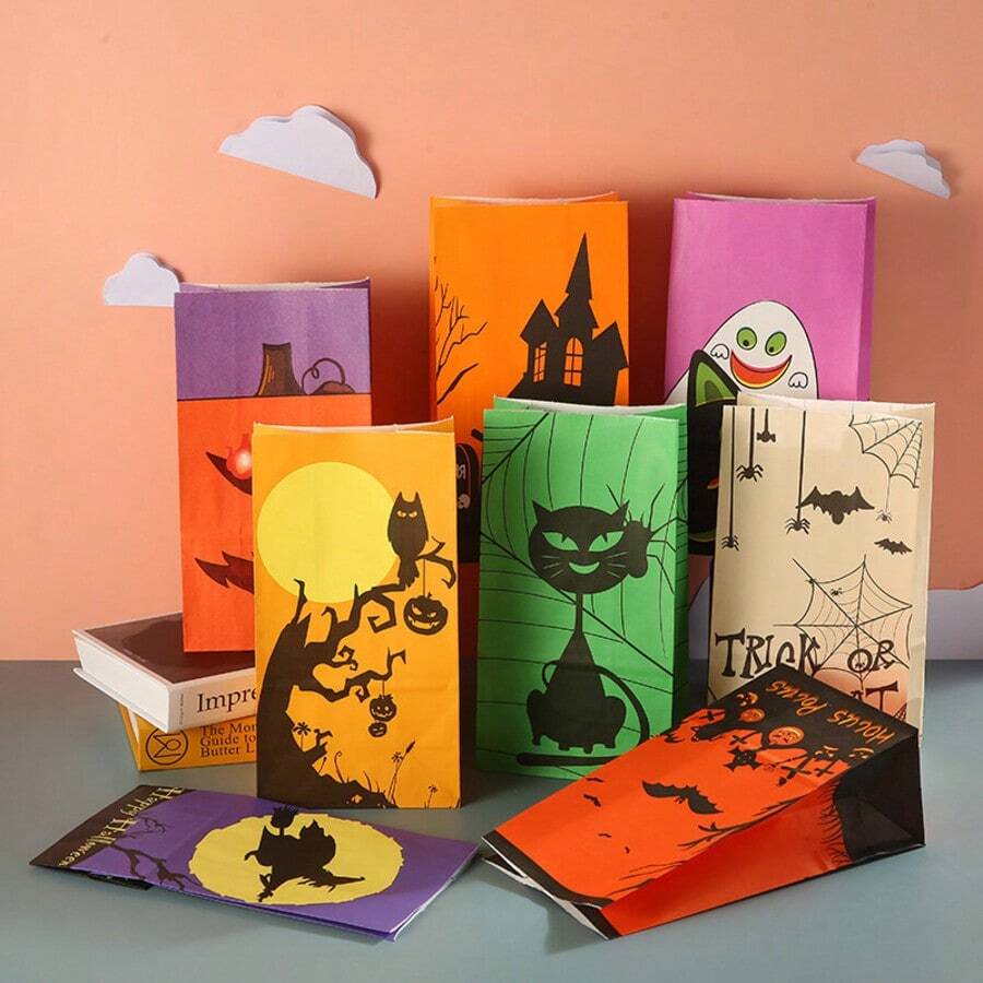 48/24/10 piezas Bolsas de papel kraft para Halloween, bolsas planas creativas para dulces, bolsas de regalo, bolsas de decoración para Halloween, bolsas de regalo para trucos o , bolsas de embalaje, estilo de fiesta de Halloween, aleatorio, sin pegatinas incluidas - Multicolor - Ver 1